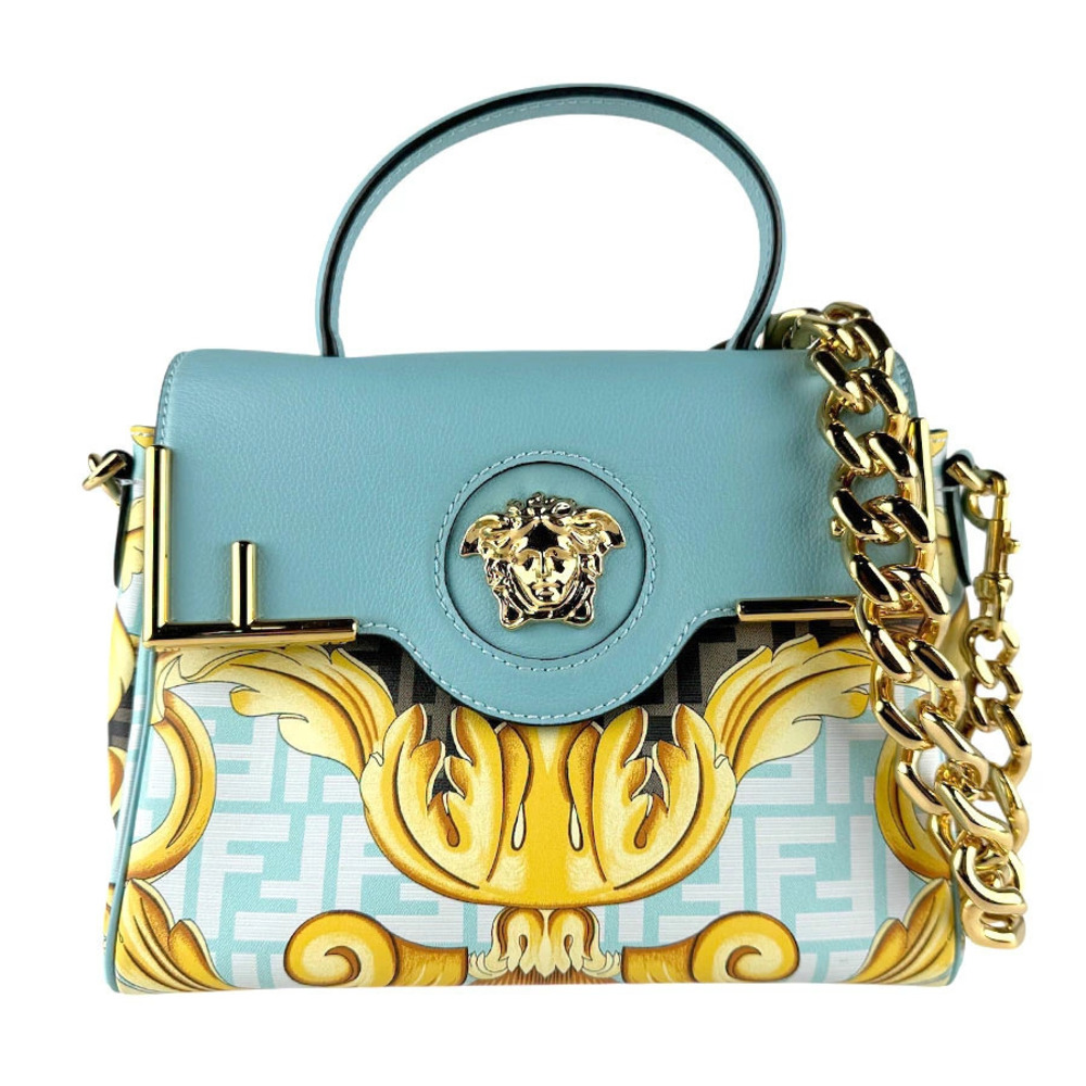 Fendi 2way Shoulder Bag x Versace FENDACE Medusa Leather Metal Blue